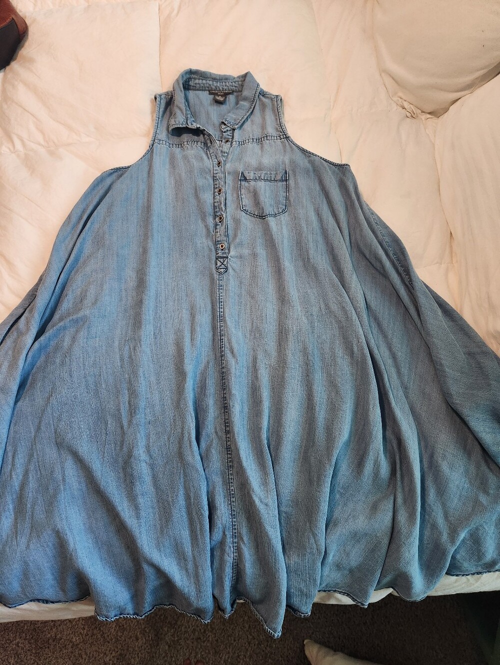 Sleeveless Light Wash Denim Button-Up Dress, Knee Length